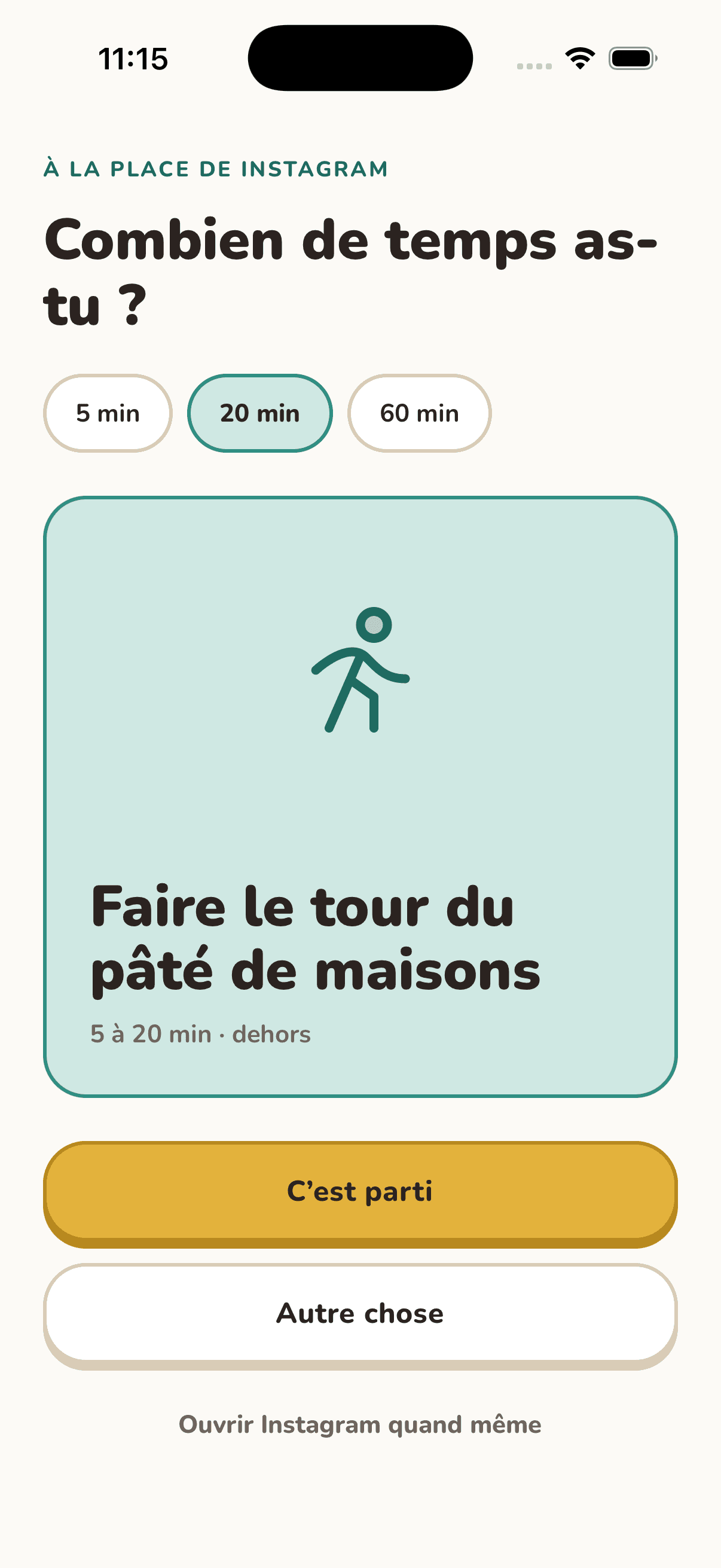 Le mur Trade the Scroll sur un téléphone : « Combien de temps as-tu ? », trois durées, une carte d’activité, un bouton « C’est parti ».